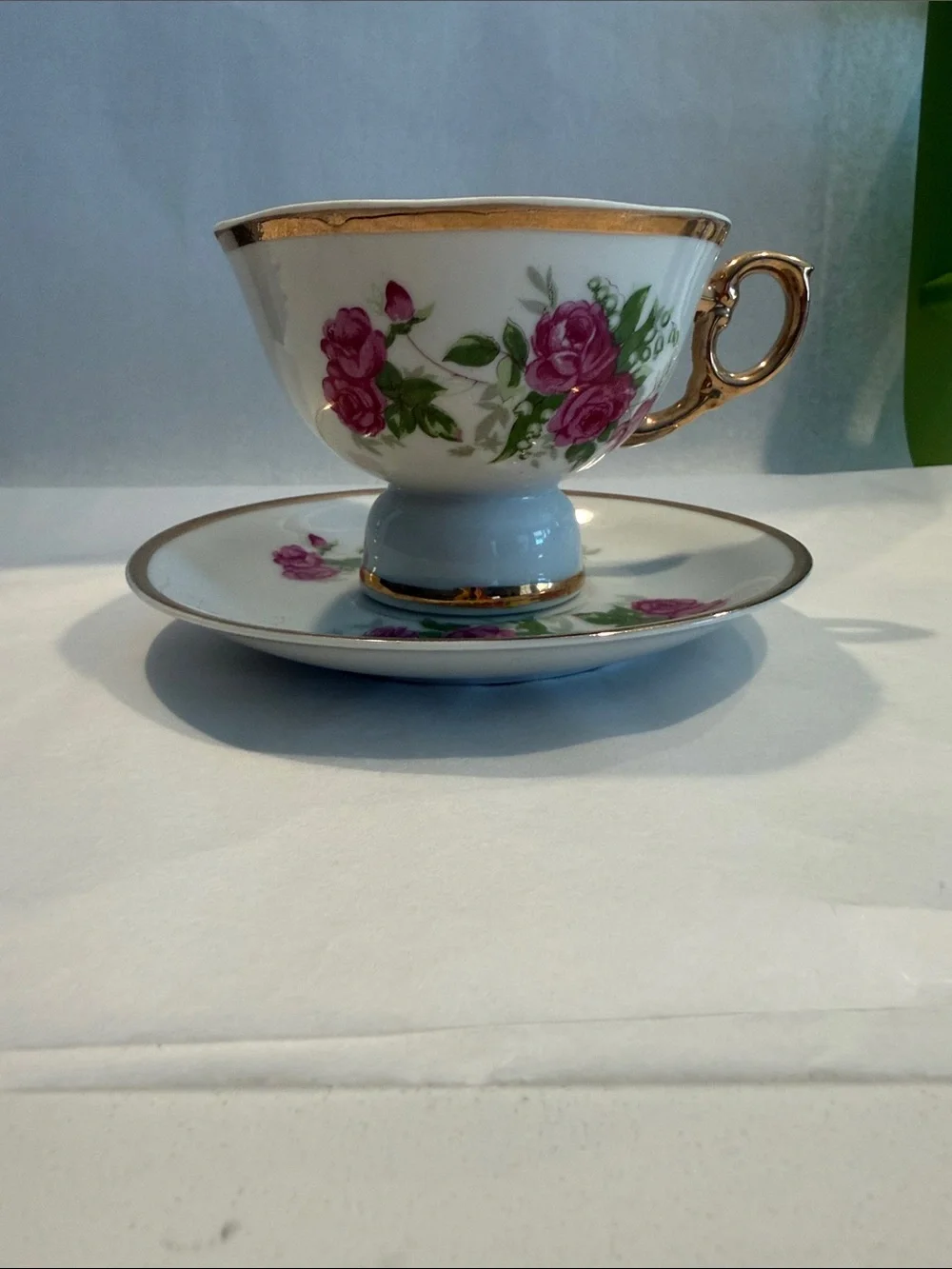 Music Box Porcelain Teacup and Saucer Pink Rose Motif and Gold Trim Japan